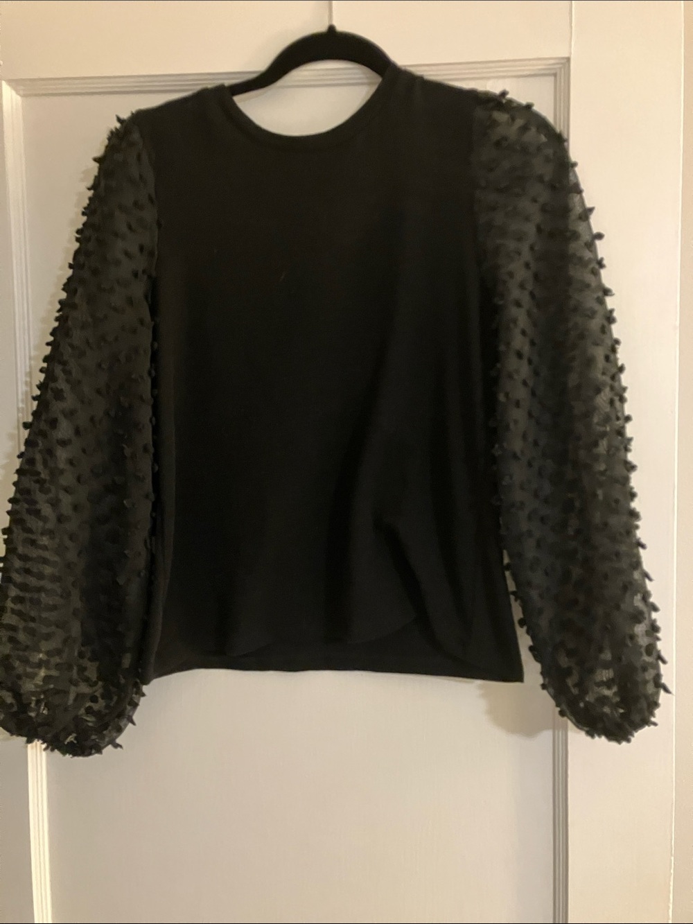 Maeve by Anthropologie Black Puff-Sleeve Dot-Texture Top